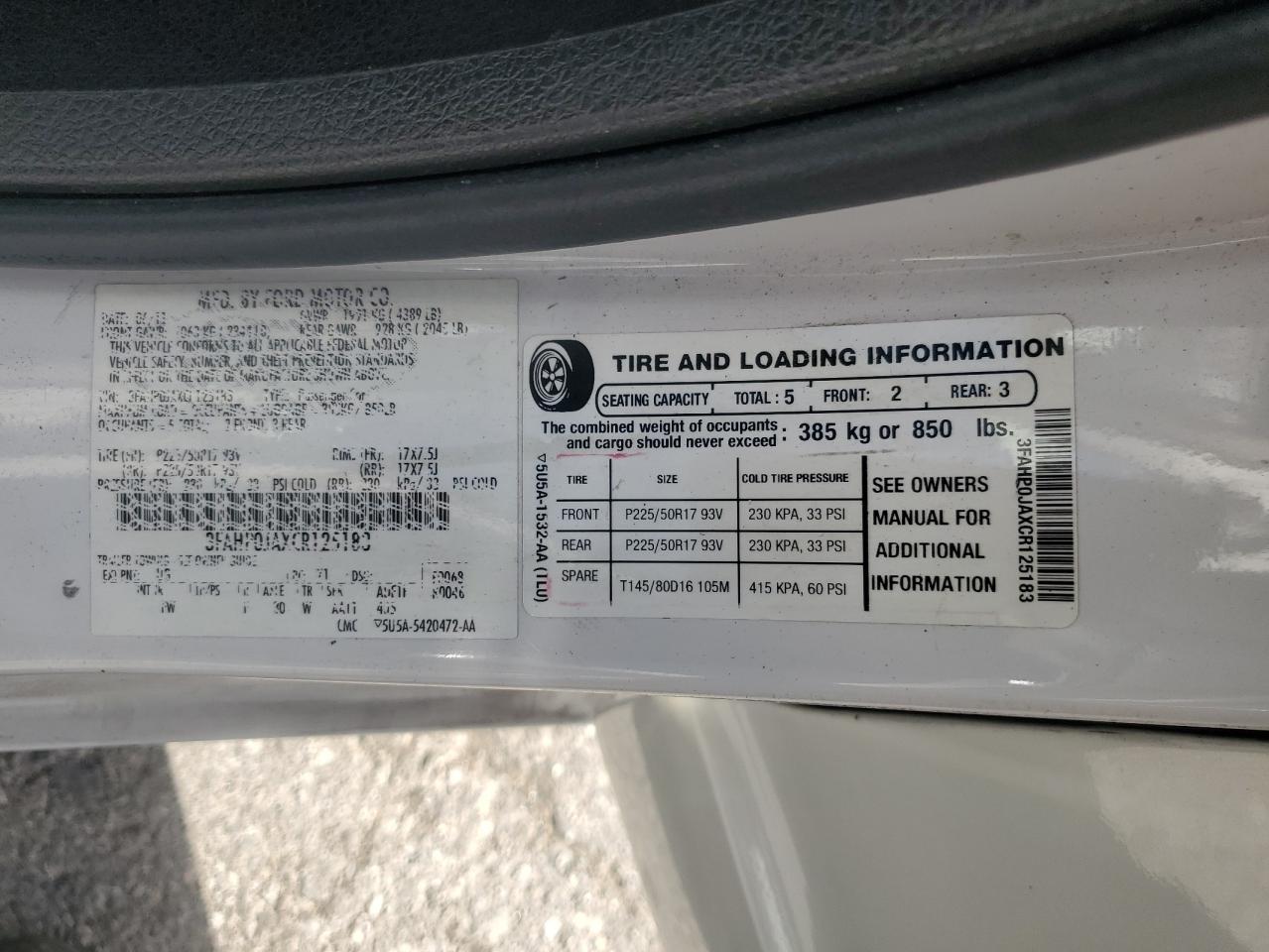 2012 Ford Fusion Sel VIN: 3FAHP0JAXCR125183 Lot: 84299135