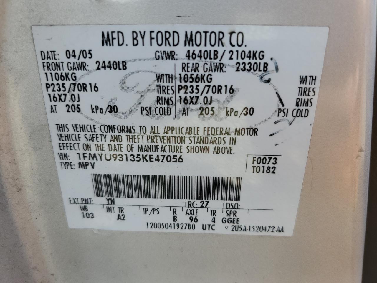 2005 Ford Escape Xlt VIN: 1FMYU93135KE47056 Lot: 83827235