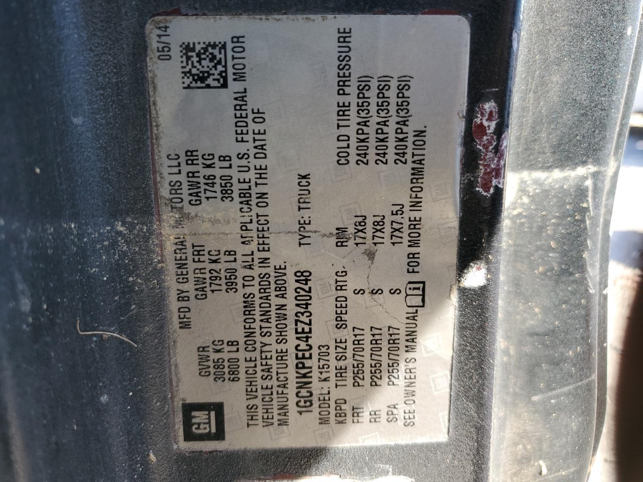 2014 Chevrolet Silverado K1500 VIN: 1GCNKPEC4EZ340248 Lot: 80367425