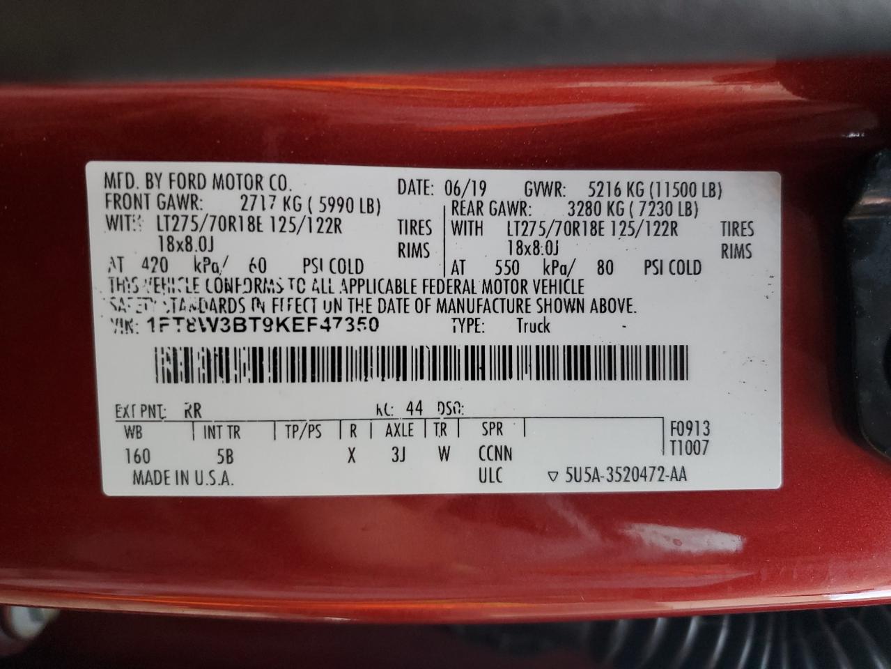 2019 Ford F350 Super Duty VIN: 1FT8W3BT9KEF47350 Lot: 94997405