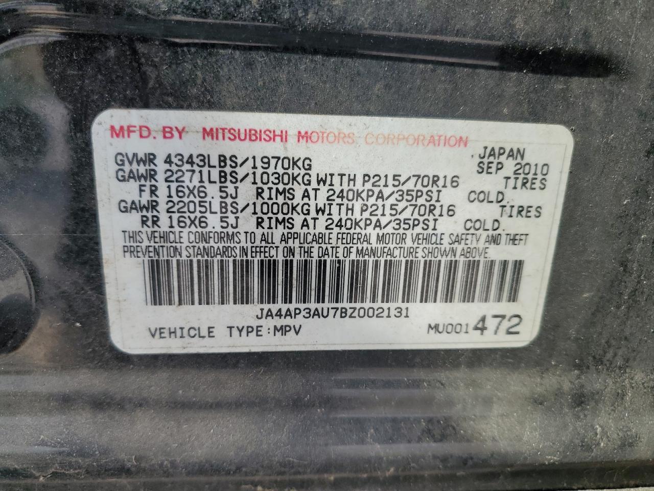 2011 Mitsubishi Outlander Sport Es VIN: JA4AP3AU7BZ002131 Lot: 83873715