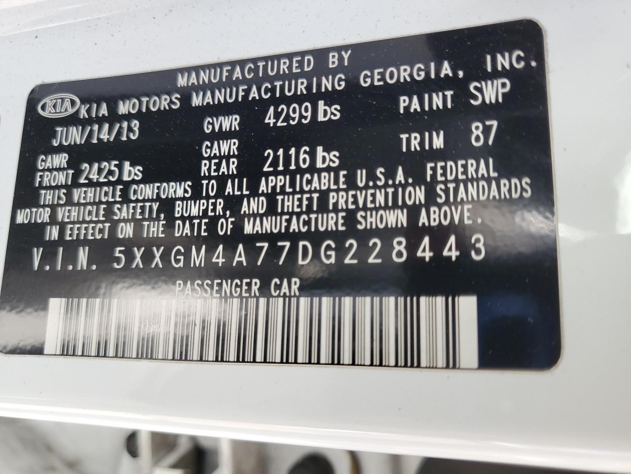 2013 Kia Optima Lx VIN: 5XXGM4A77DG228443 Lot: 81976275