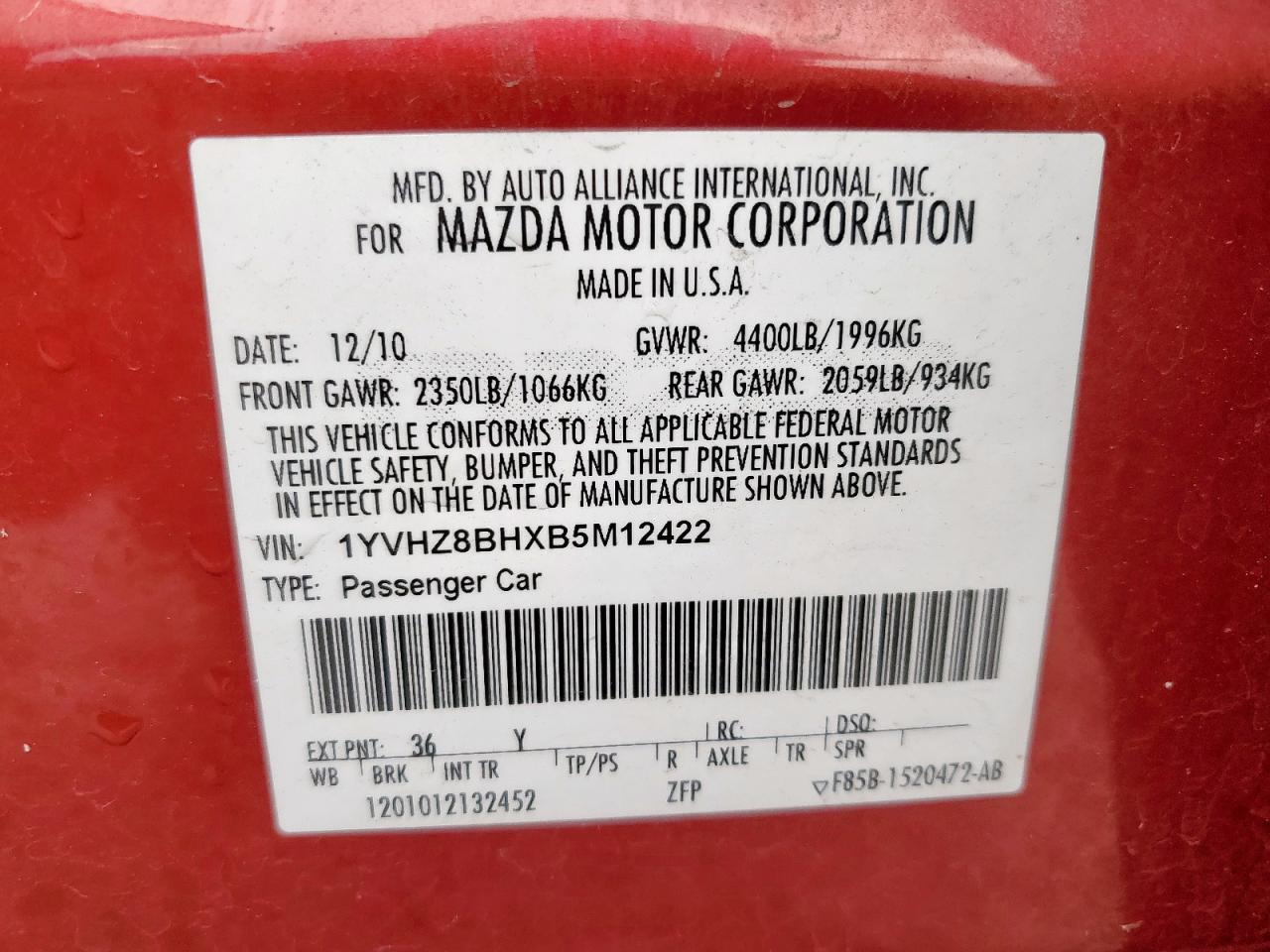 2011 Mazda 6 I VIN: 1YVHZ8BHXB5M12422 Lot: 84283375