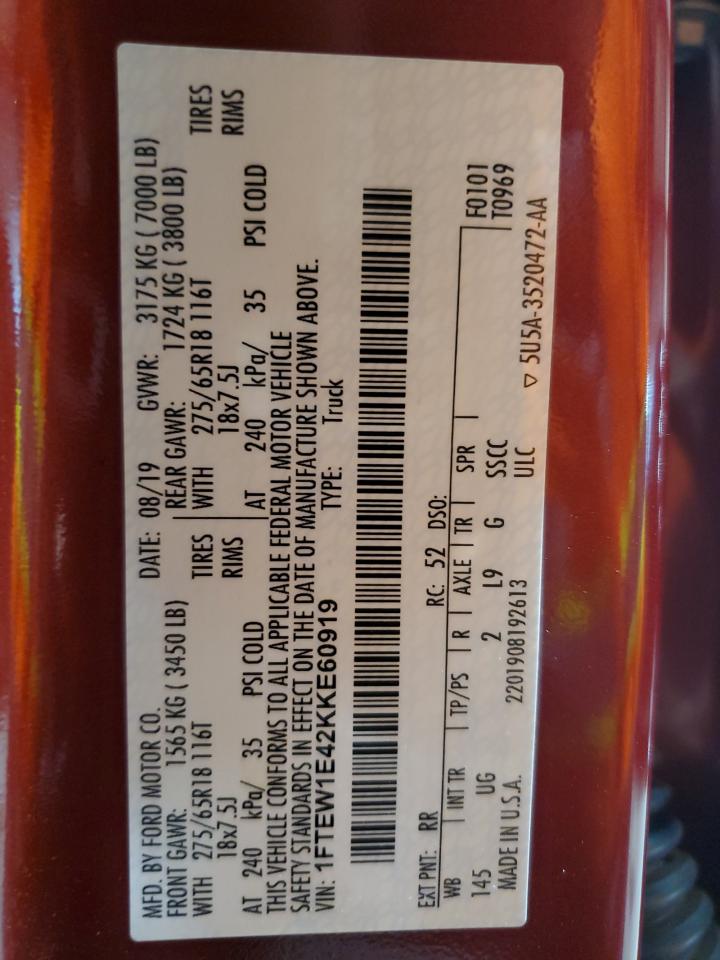 2019 Ford F150 Supercrew VIN: 1FTEW1E42KKE60919 Lot: 67128735