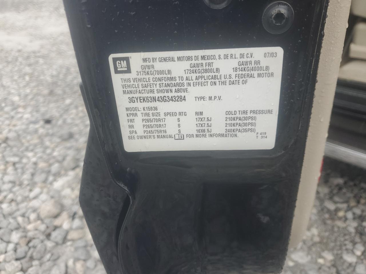 2003 Cadillac Escalade Ext VIN: 3GYEK63N43G343284 Lot: 81773305