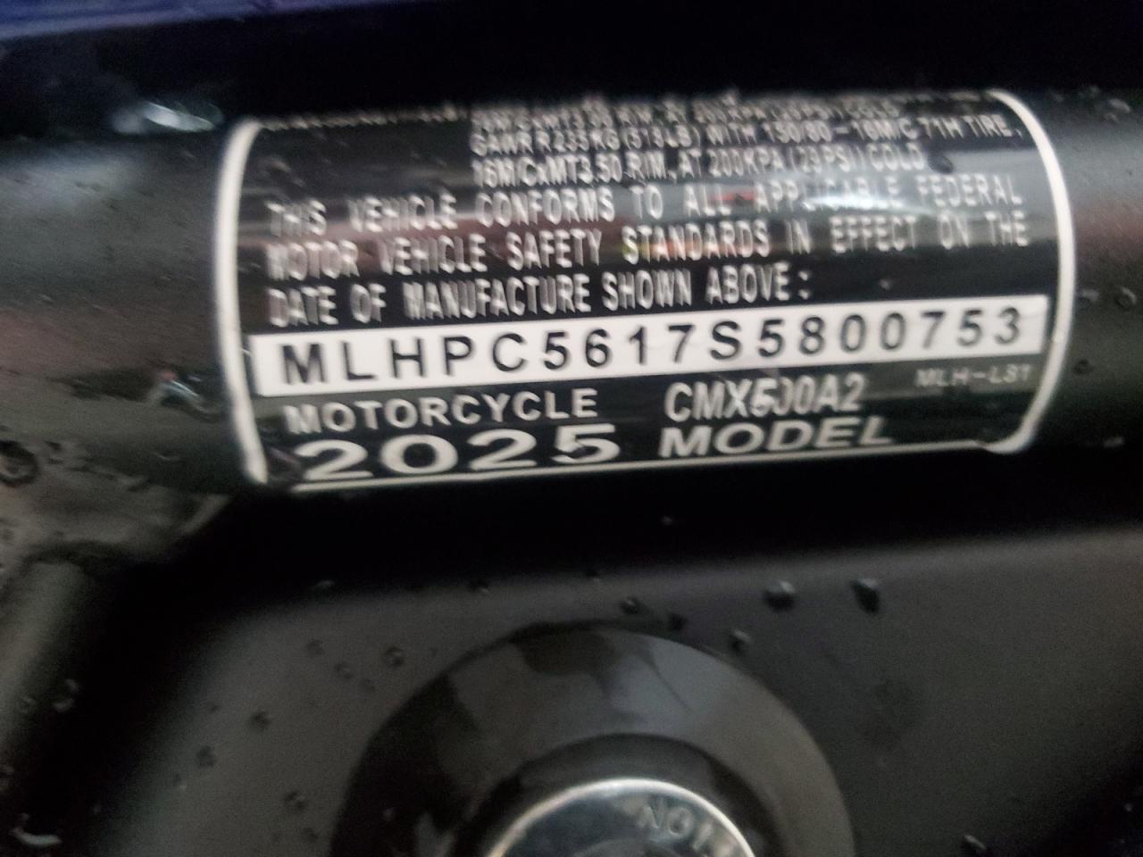 2025 Honda Cmx500 A2 VIN: MLHPC5617S5800753 Lot: 83773135