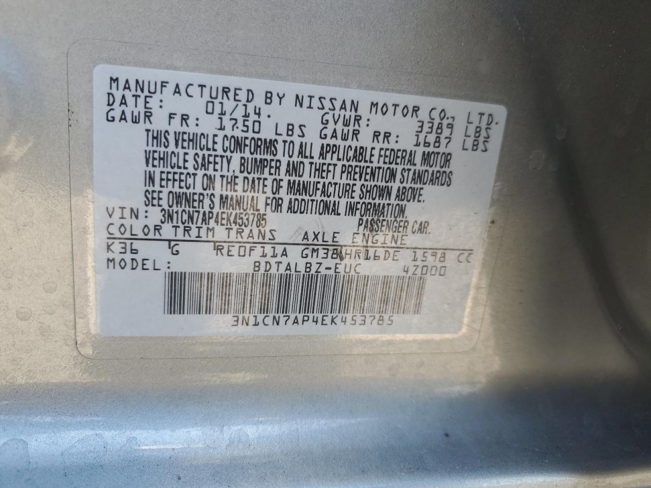 2014 Nissan Versa S VIN: 3N1CN7AP4EK453785 Lot: 81733965