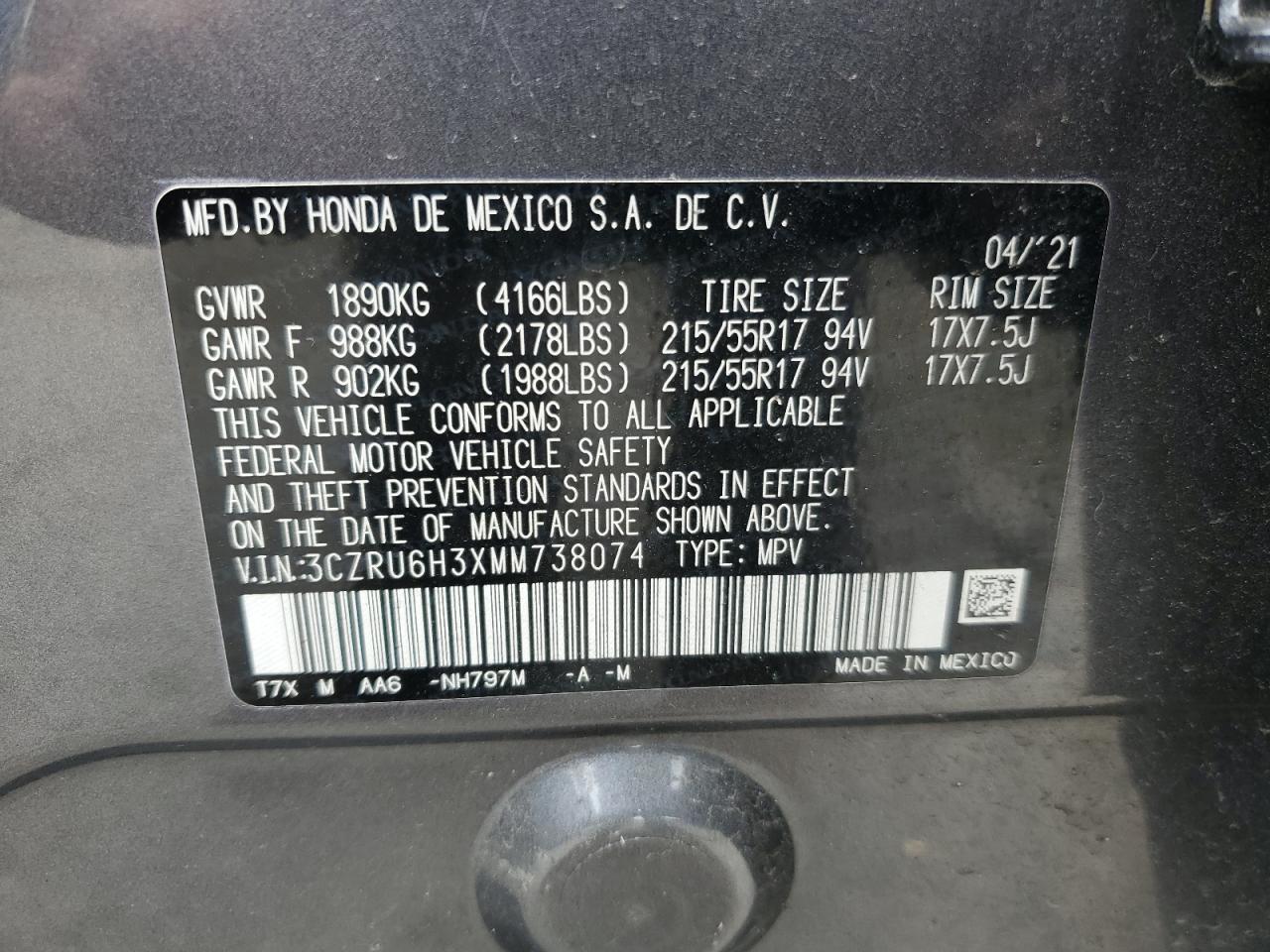 2021 Honda Hr-V Lx VIN: 3CZRU6H3XMM738074 Lot: 81076645