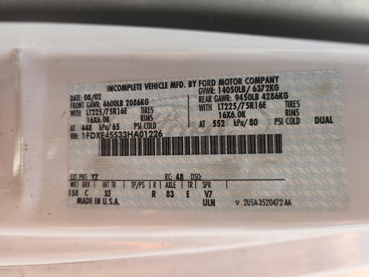 1FDXE45S33HA01226 2003 Ford Econoline E450 Super Duty Cutaway Van