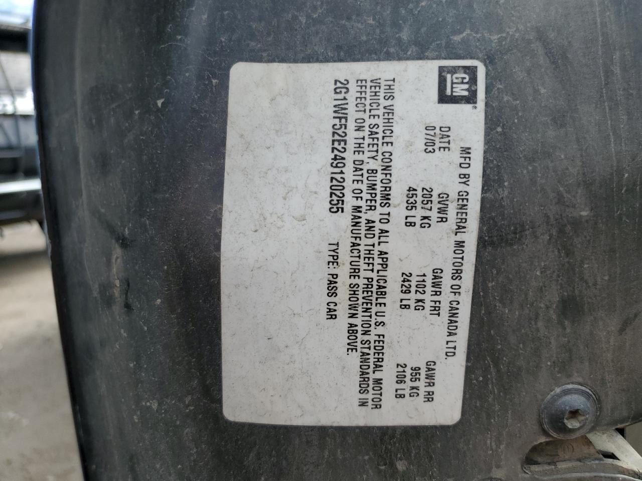 2004 Chevrolet Impala VIN: 2G1WF52E249120255 Lot: 83973765