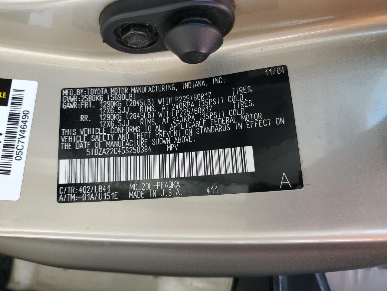 2005 Toyota Sienna Xle VIN: 5TDZA22C45S250384 Lot: 84029255