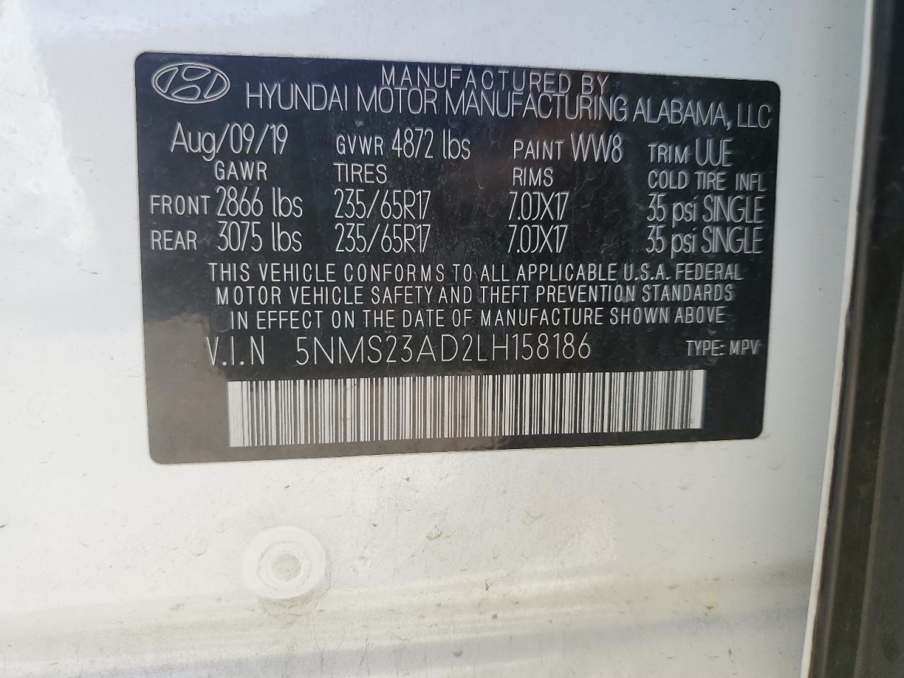 2020 Hyundai Santa Fe Se VIN: 5NMS23AD2LH158186 Lot: 81871705