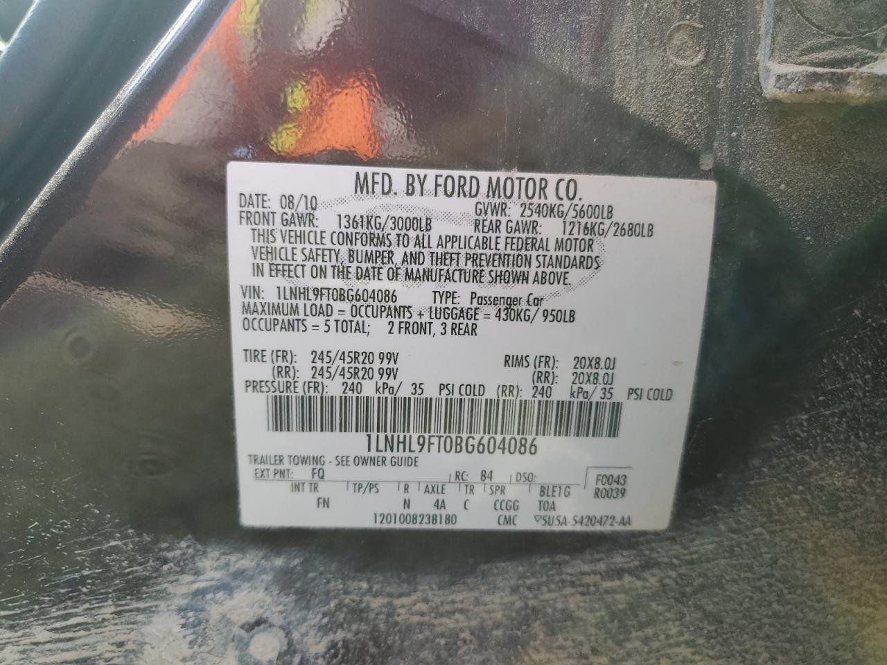 2011 Lincoln Mks VIN: 1LNHL9FT0BG604086 Lot: 80057265