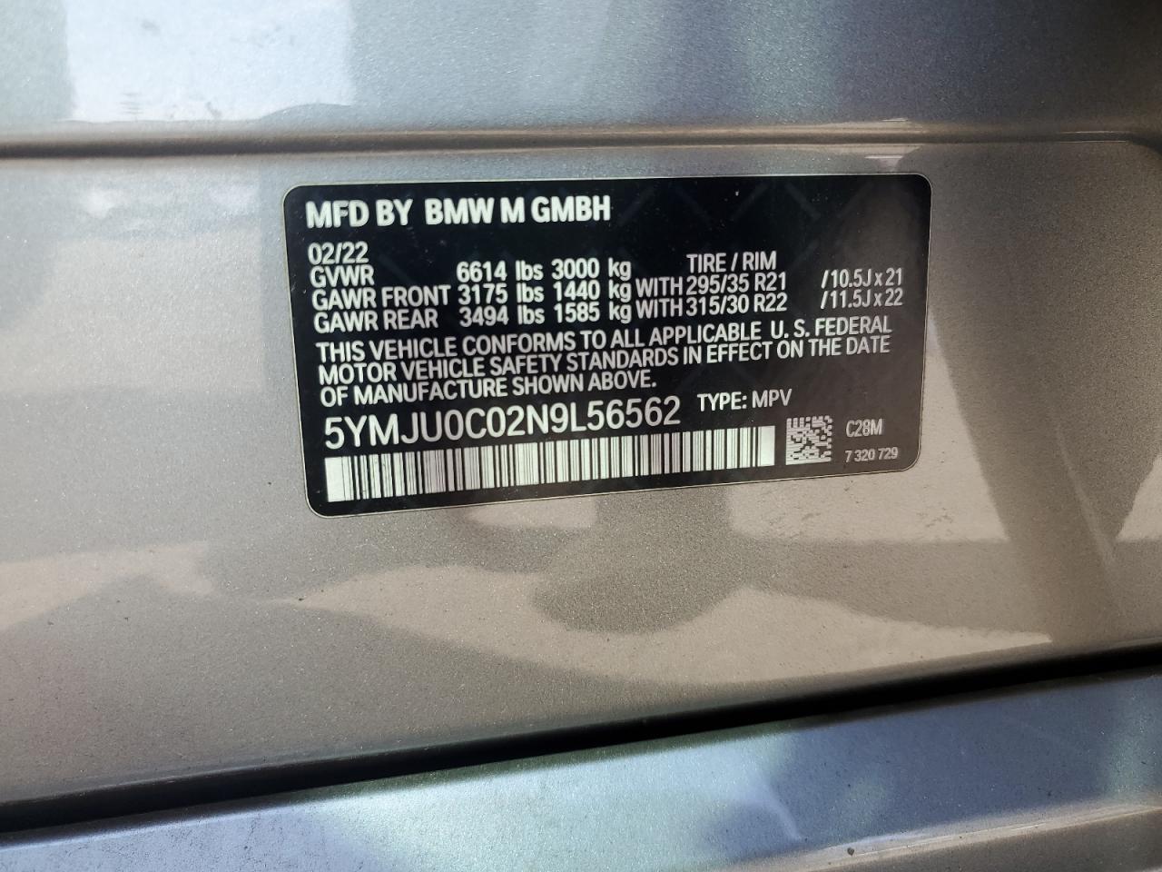 2022 BMW X5 M VIN: 5YMJU0C02N9L56562 Lot: 72061205