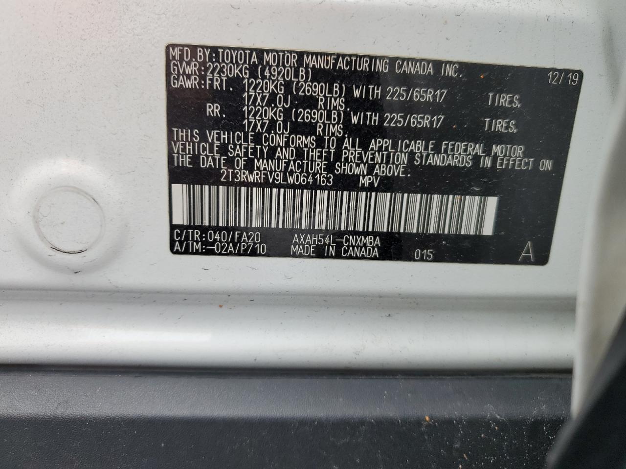 2020 Toyota Rav4 Xle VIN: 2T3RWRFV9LW064163 Lot: 71713465