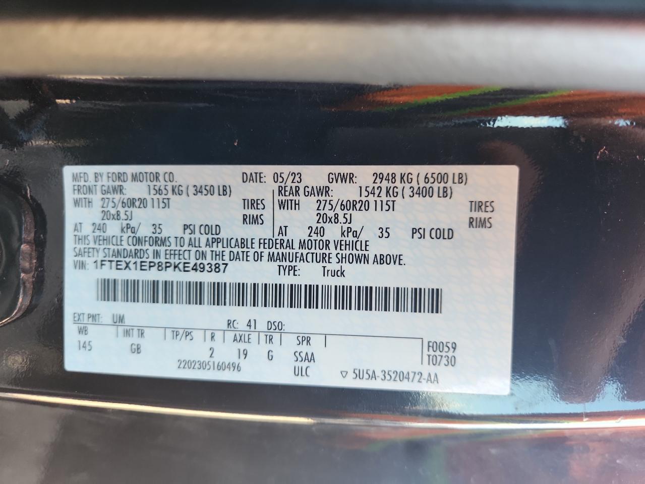 2023 Ford F150 Super Cab VIN: 1FTEX1EP8PKE49387 Lot: 95390435