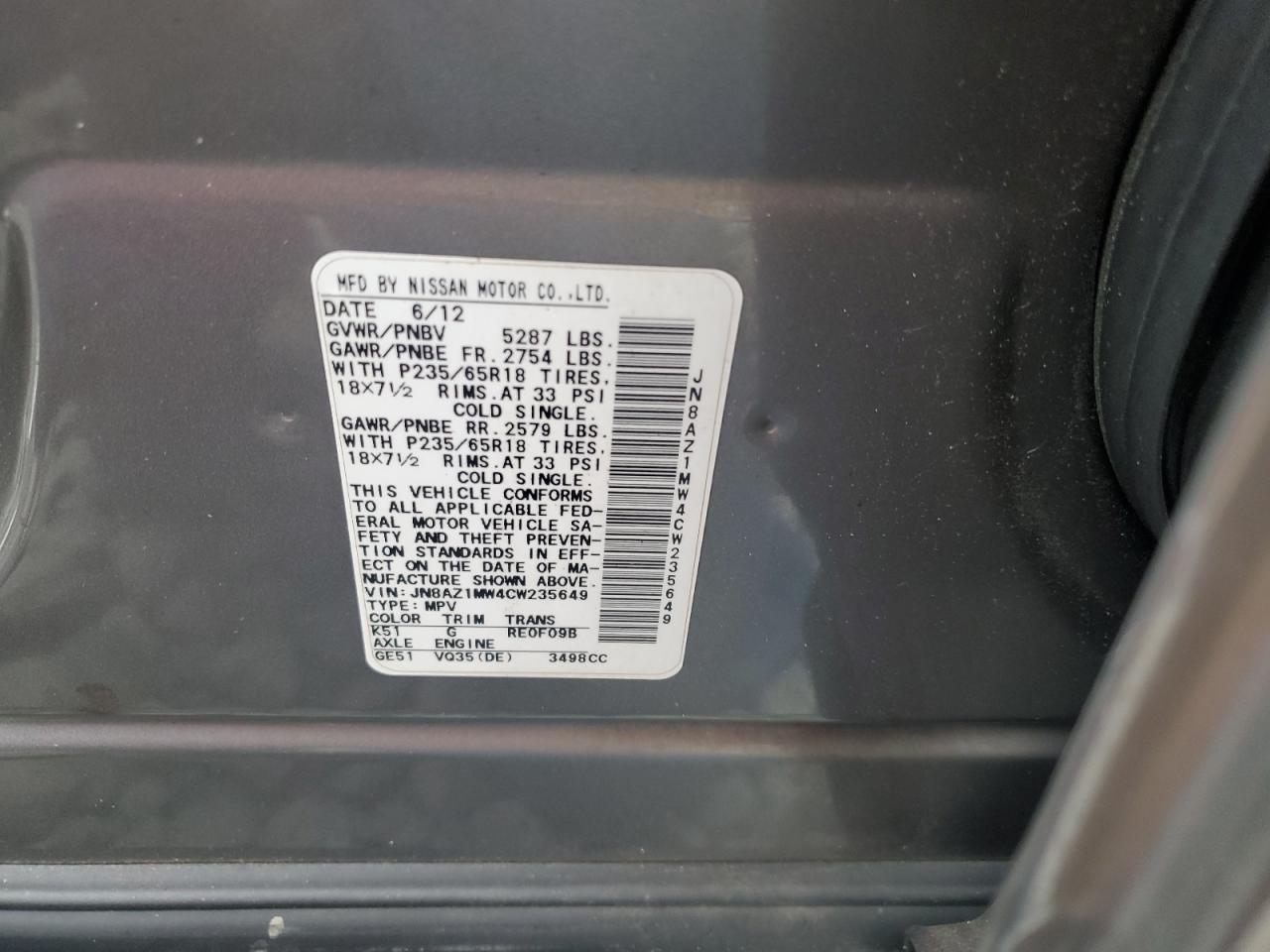 2012 Nissan Murano S VIN: JN8AZ1MW4CW235649 Lot: 80492915