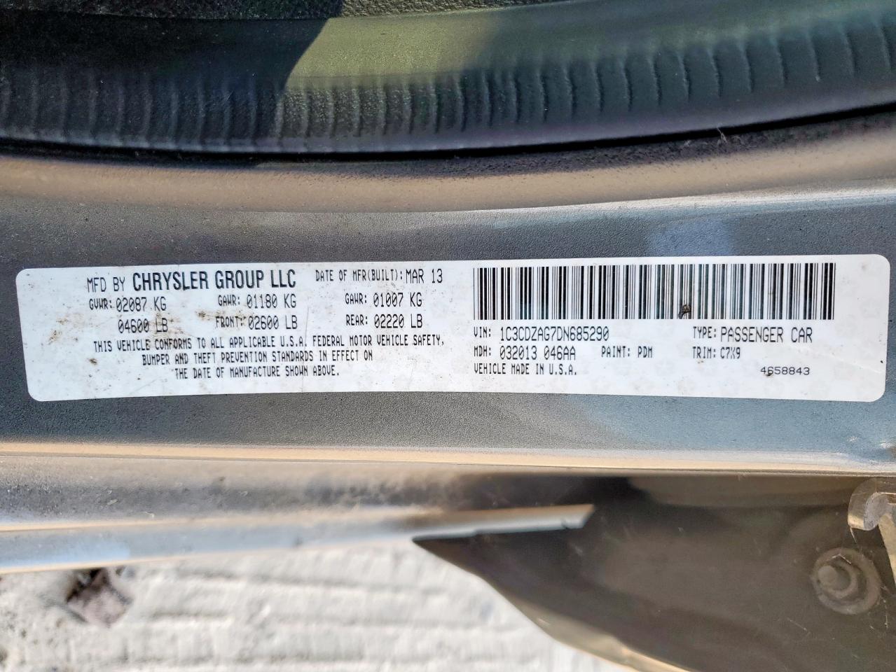2013 Dodge Avenger Se VIN: 1C3CDZAG7DN685290 Lot: 81922975