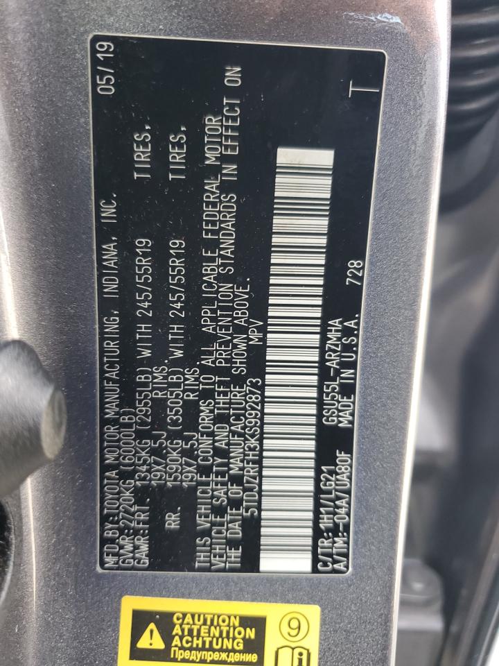 2019 Toyota Highlander Se VIN: 5TDJZRFH3KS992873 Lot: 81756165