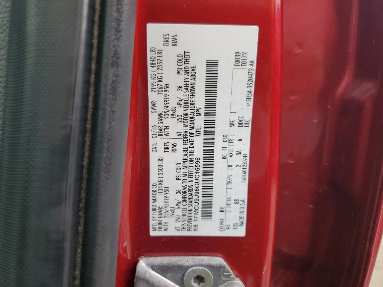 2016 Ford Escape Titanium VIN: 1FMCU9J96GUC16596 Lot: 71740275