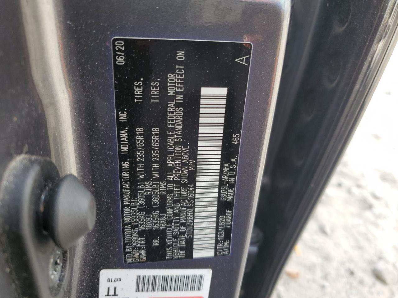 2020 Toyota Highlander Xle VIN: 5TDHZRBHXLS516044 Lot: 83751855