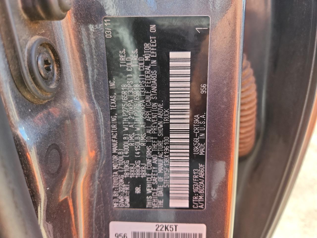 2011 Toyota Tundra Double Cab Sr5 VIN: 5TFUY5F13BX196100 Lot: 82141055