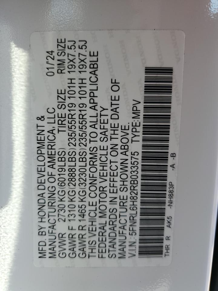 2024 Honda Odyssey Touring VIN: 5FNRL6H82RB033575 Lot: 81134285