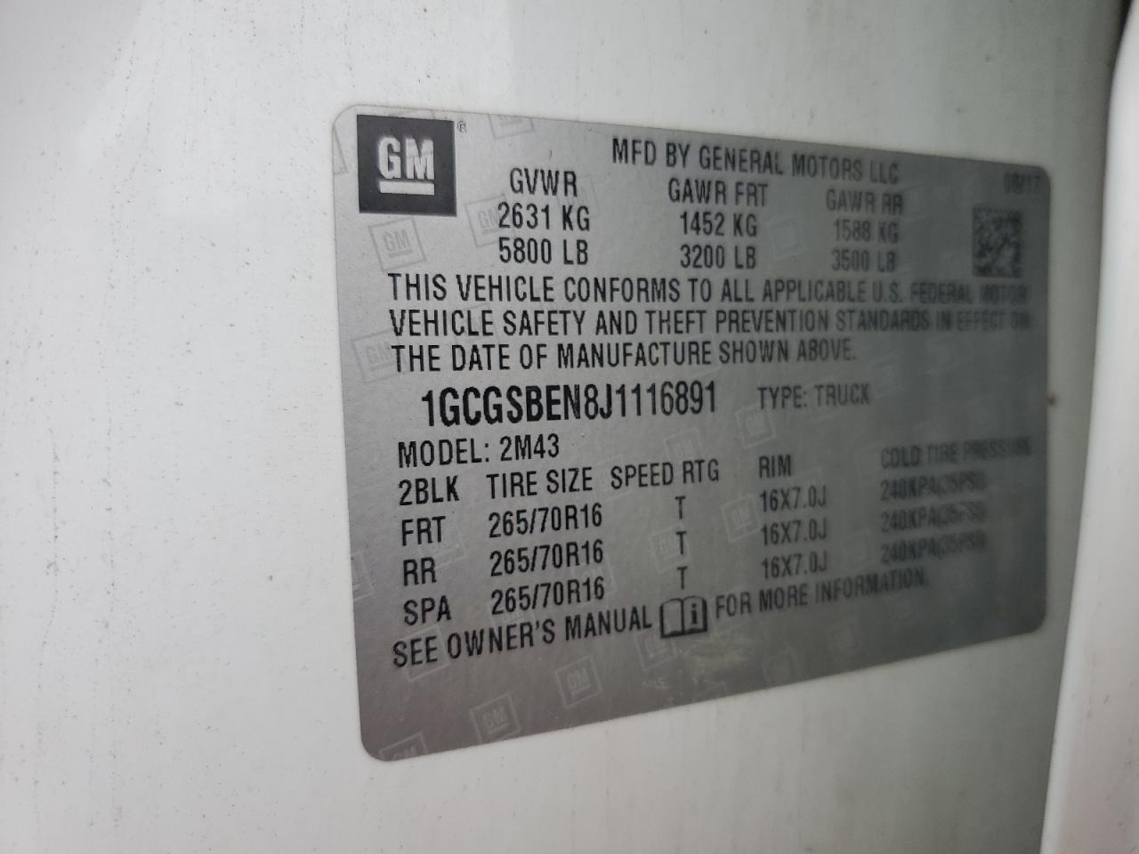 2018 Chevrolet Colorado VIN: 1GCGSBEN8J1116891 Lot: 81400465