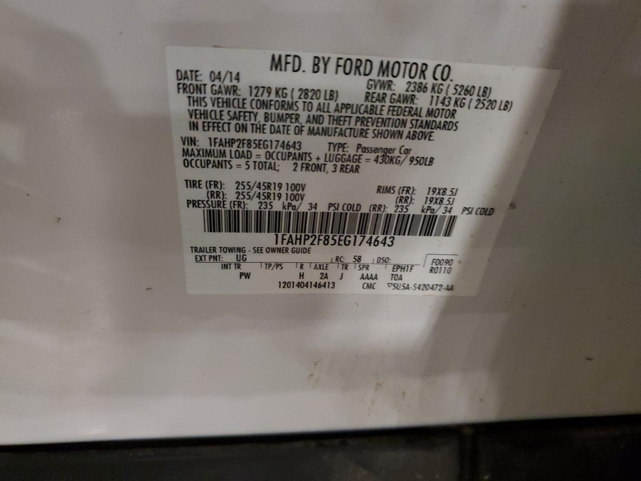 2014 Ford Taurus Limited VIN: 1FAHP2F85EG174643 Lot: 81500855