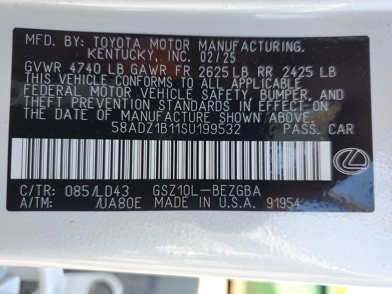 2025 Lexus Es 350 Base VIN: 58ADZ1B11SU199532 Lot: 68655885