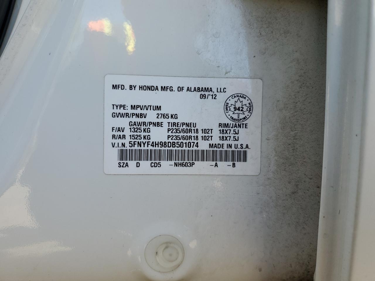 2013 Honda Pilot Touring VIN: 5FNYF4H98DB501074 Lot: 70581195