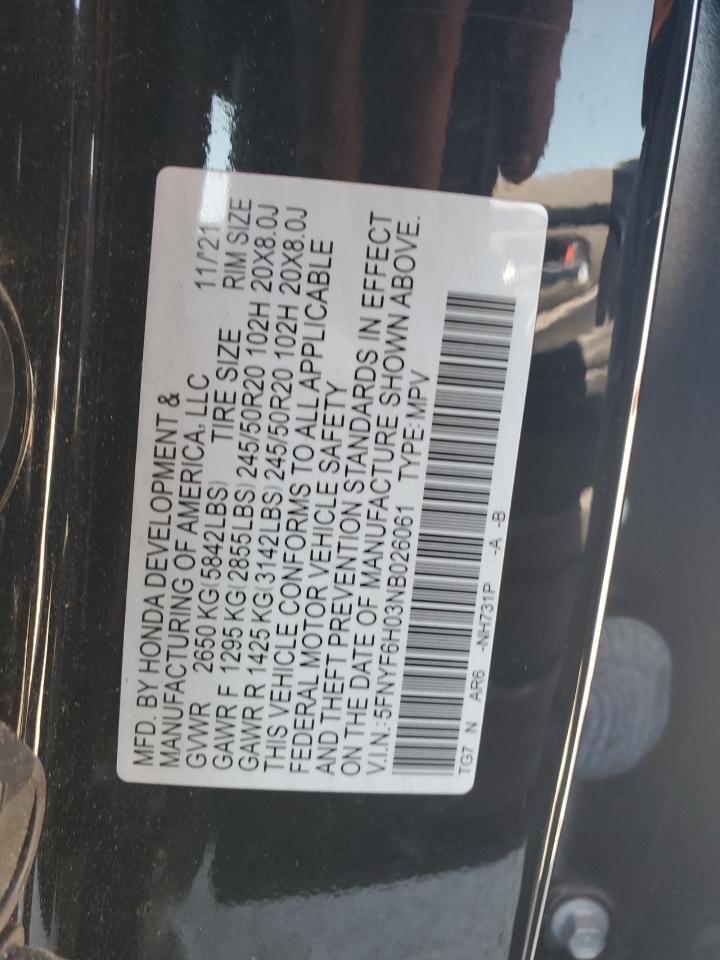 2022 Honda Pilot Elite VIN: 5FNYF6H03NB026061 Lot: 81002235