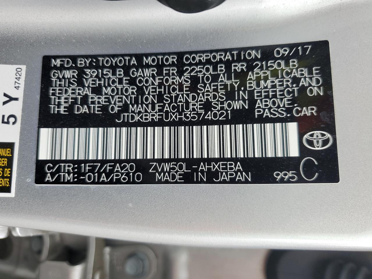 2017 Toyota Prius VIN: JTDKBRFUXH3574021 Lot: 81700615