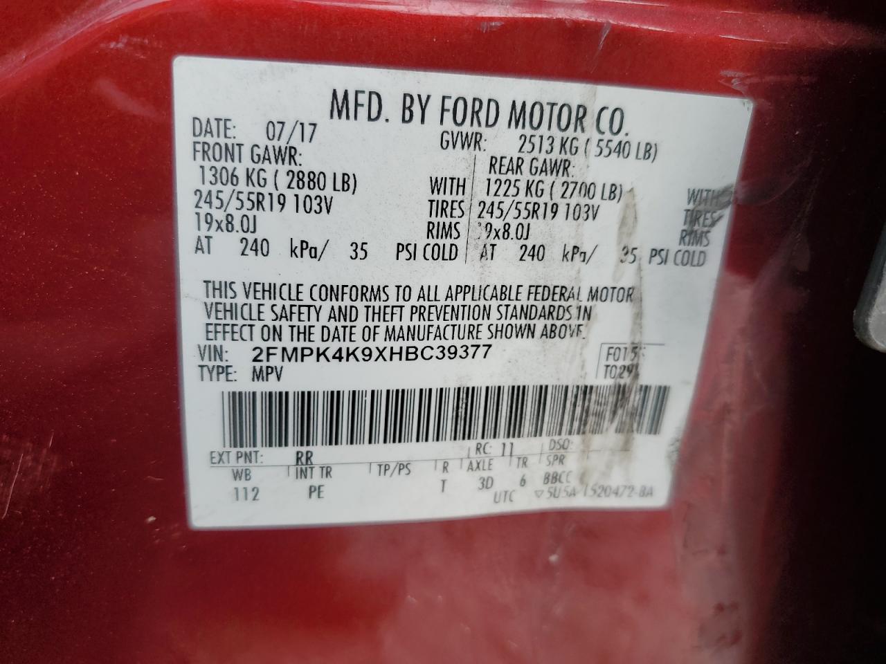 2017 Ford Edge Titanium VIN: 2FMPK4K9XHBC39377 Lot: 82025655