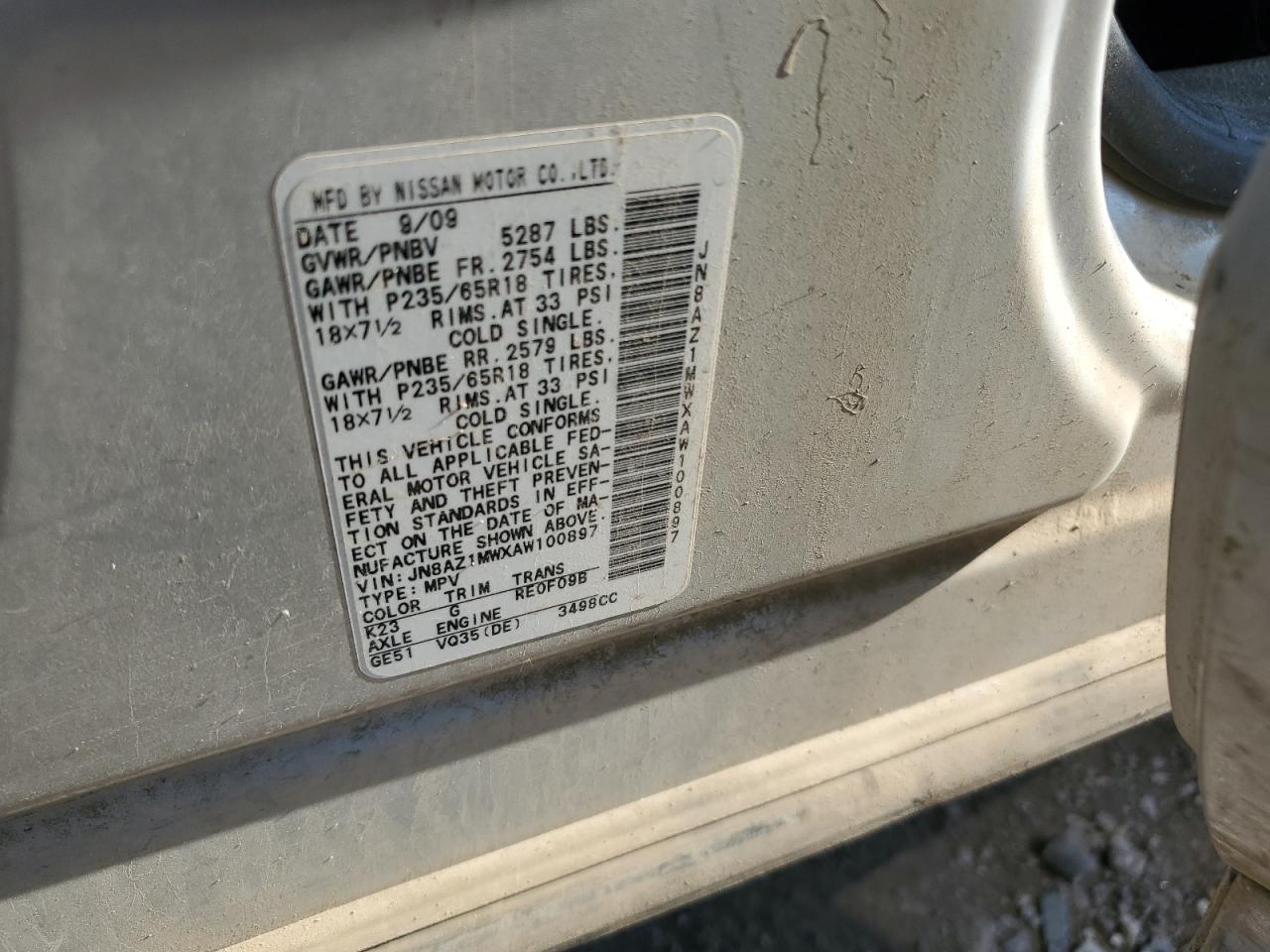 2010 Nissan Murano S VIN: JN8AZ1MWXAW100897 Lot: 81787375