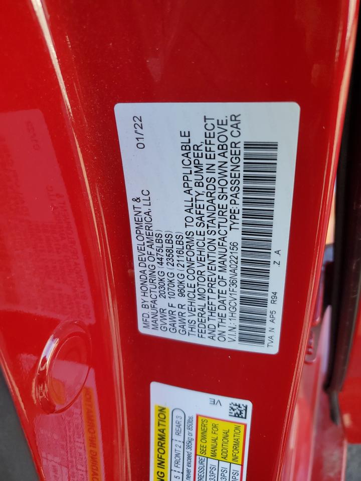 2022 Honda Accord Sport VIN: 1HGCV1F36NA022156 Lot: 80888635