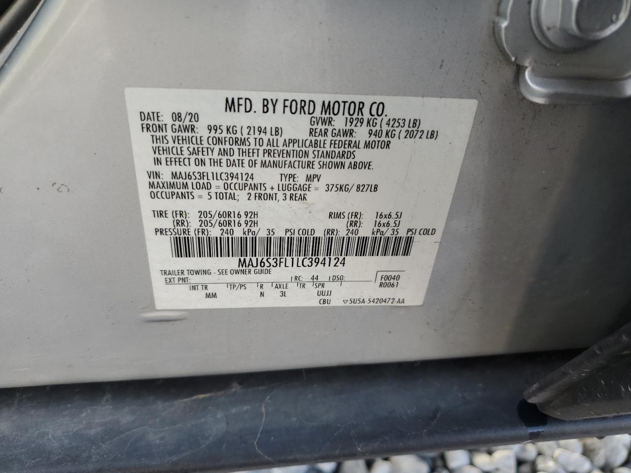 2020 Ford Ecosport S VIN: MAJ6S3FL1LC394124 Lot: 81736345