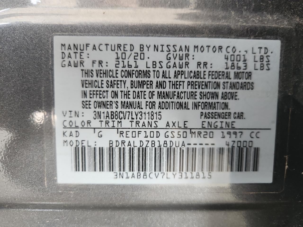 2020 Nissan Sentra Sv VIN: 3N1AB8CV7LY311815 Lot: 80914975