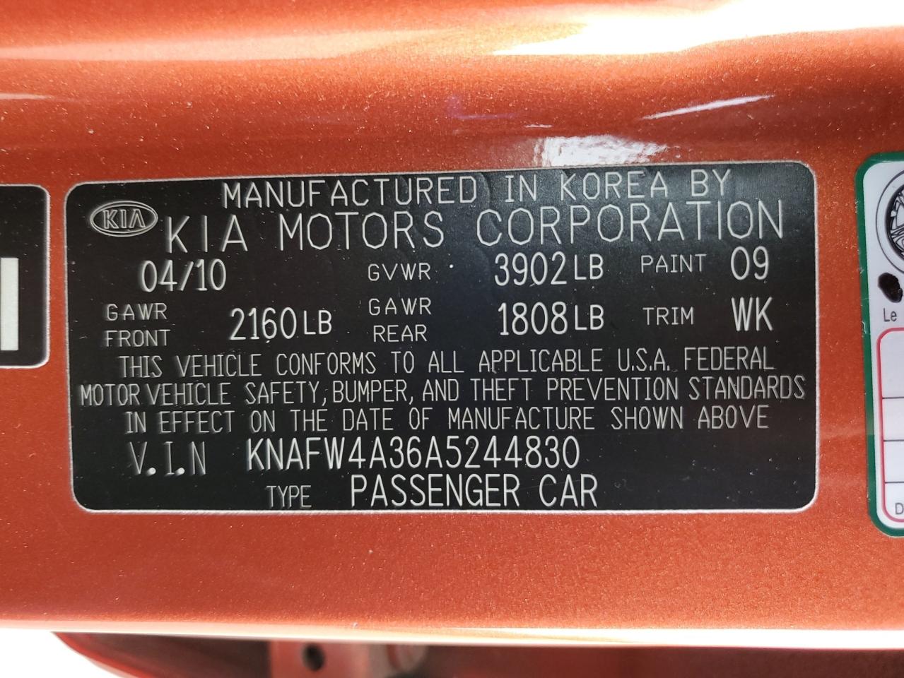 2010 Kia Forte Sx VIN: KNAFW4A36A5244830 Lot: 80867925