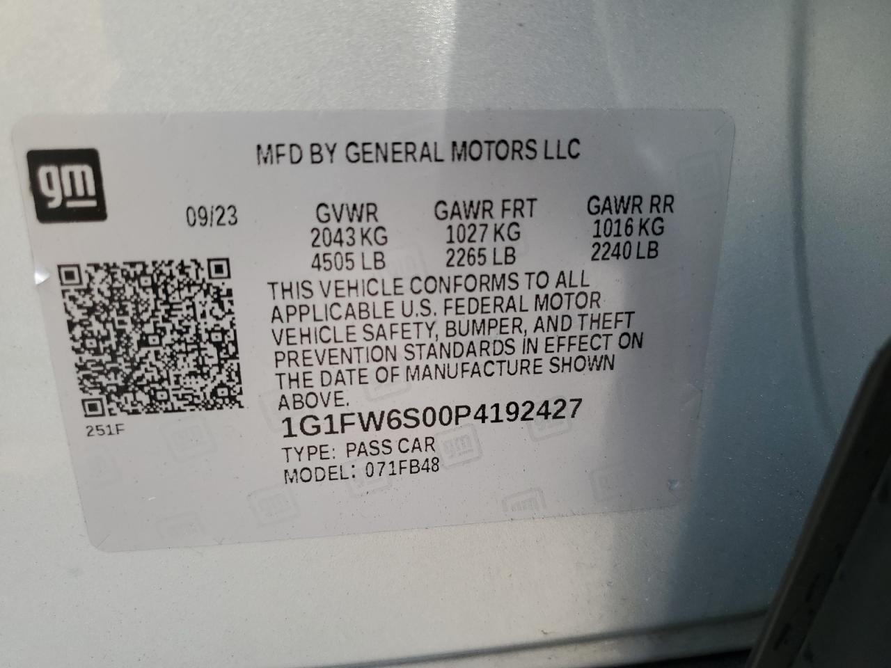 2023 Chevrolet Bolt Ev 1Lt VIN: 1G1FW6S00P4192427 Lot: 83996915