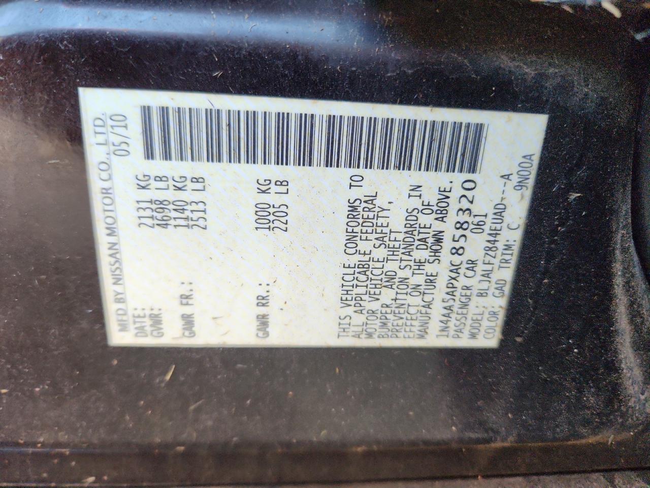 2010 Nissan Maxima S VIN: 1N4AA5APXAC858320 Lot: 80721195