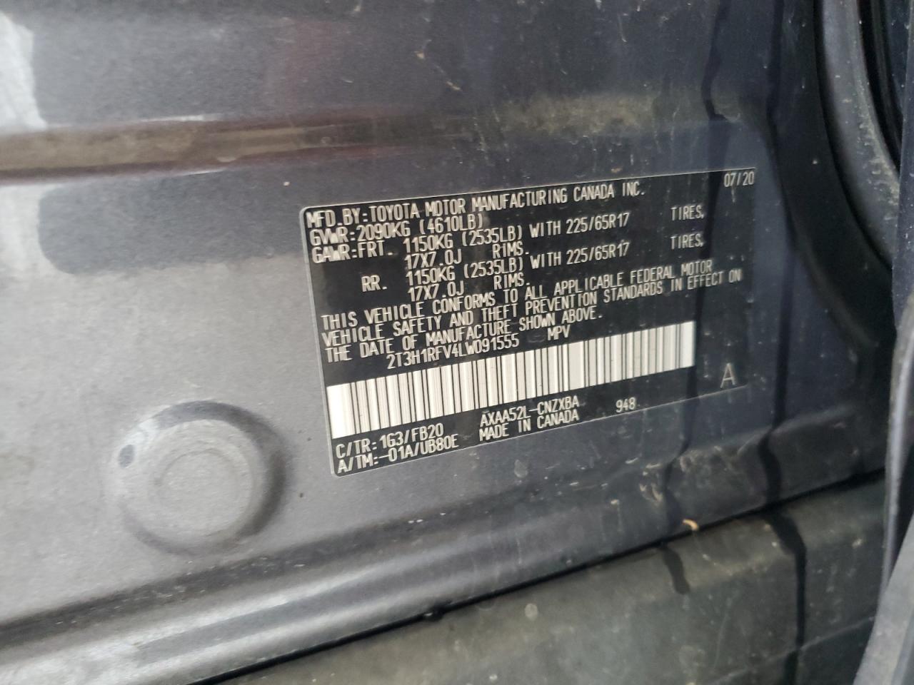 2020 Toyota Rav4 Le VIN: 2T3H1RFV4LW091555 Lot: 81502925