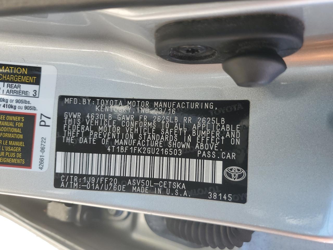 2016 Toyota Camry Le VIN: 4T1BF1FK2GU216503 Lot: 81895155