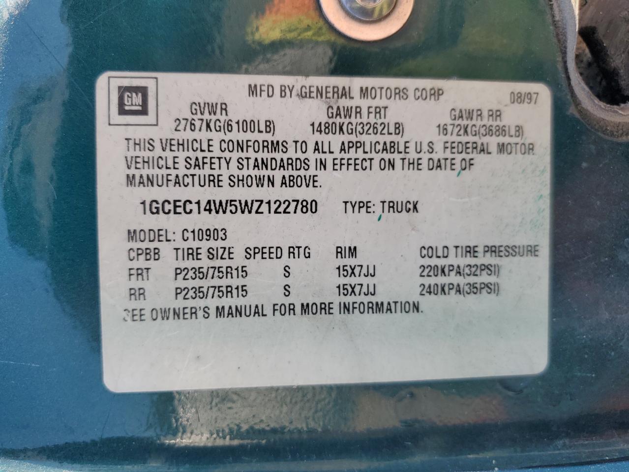 1998 Chevrolet Gmt-400 C1500 VIN: 1GCEC14W5WZ122780 Lot: 71835025