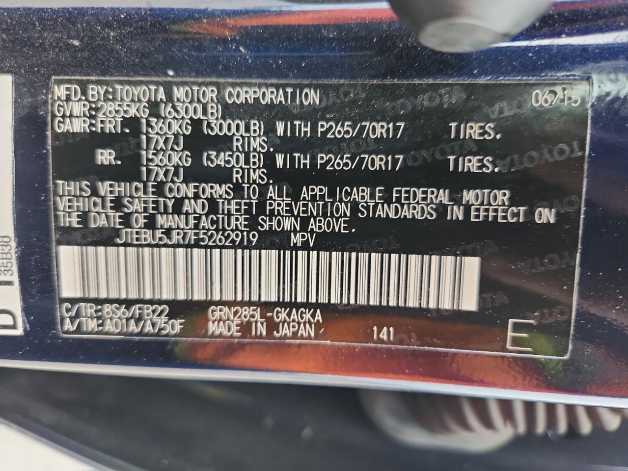 2015 Toyota 4Runner Sr5/Sr5 Premium VIN: JTEBU5JR7F5262919 Lot: 71299255