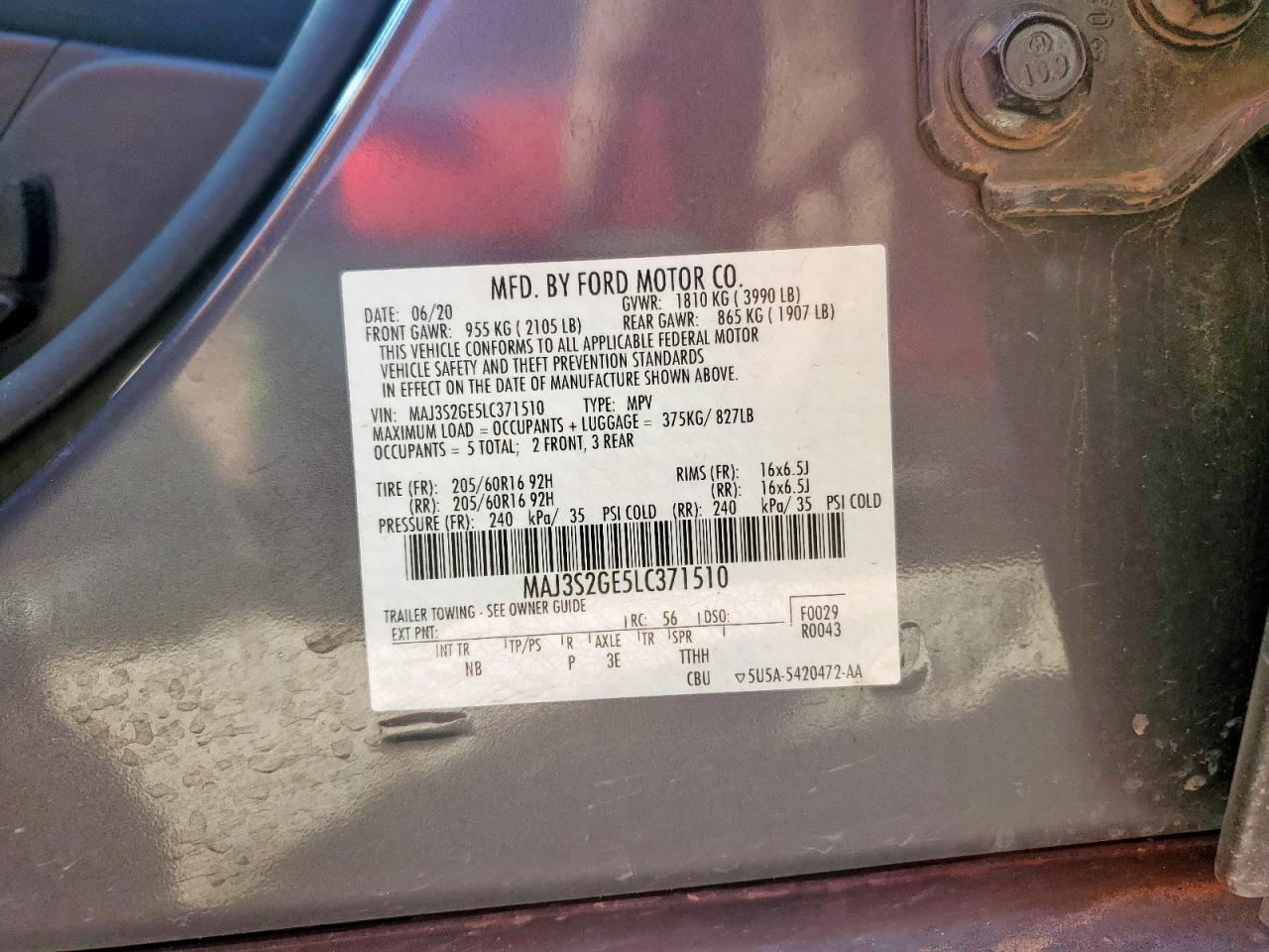 2020 Ford Ecosport Se VIN: MAJ3S2GE5LC371510 Lot: 71843335