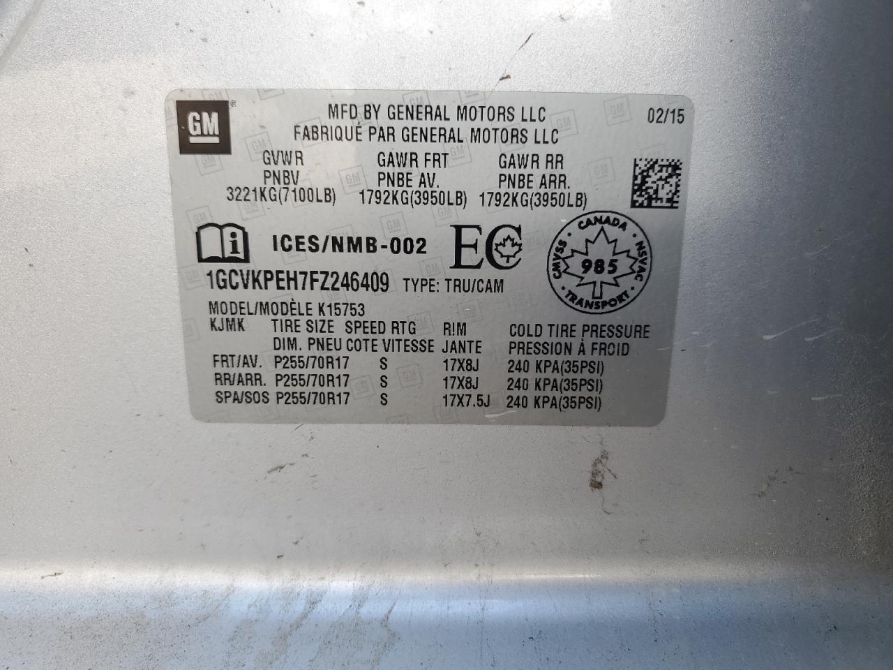 2015 Chevrolet Silverado K1500 VIN: 1GCVKPEH7FZ246409 Lot: 81102325