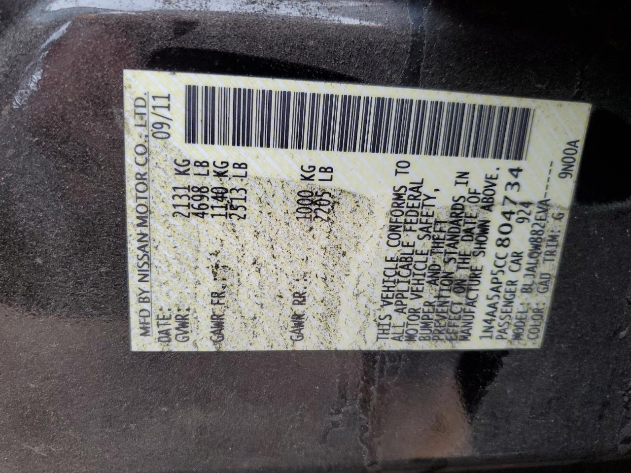 2012 Nissan Maxima S VIN: 1N4AA5AP5CC804734 Lot: 71451905