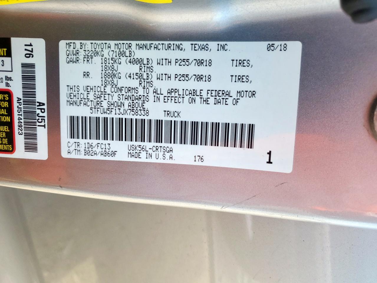 2018 Toyota Tundra Double Cab Sr VIN: 5TFUW5F13JX758338 Lot: 80695575