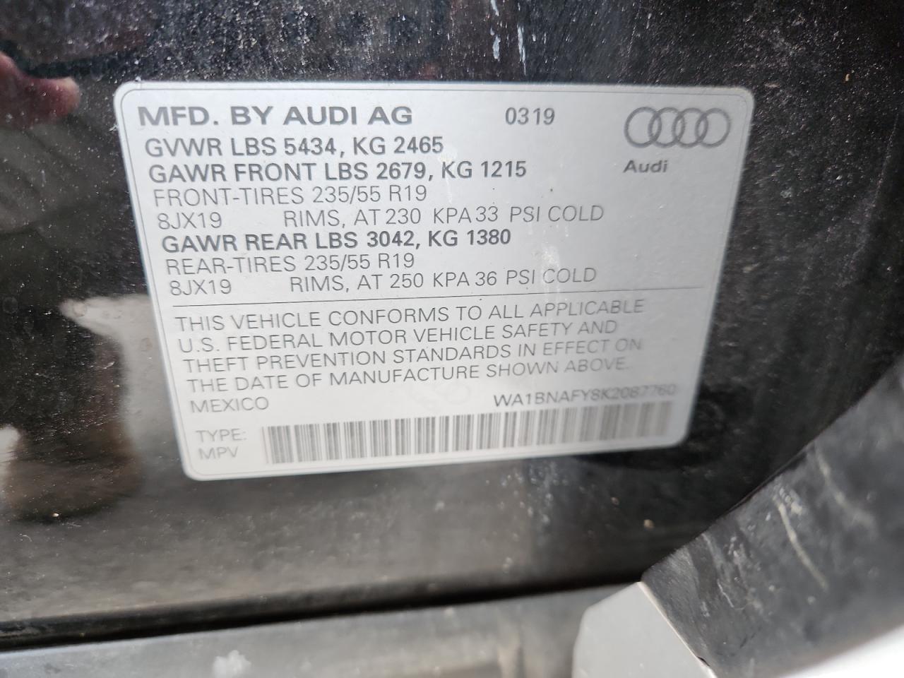 2019 Audi Q5 Premium Plus VIN: WA1BNAFY8K2087760 Lot: 80161085